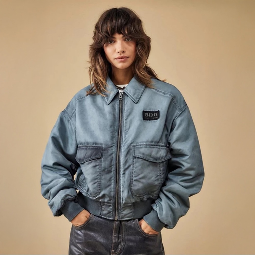 BDG Sydney Nylon Bomber Jacket, Blue, Size Small - Picture 1 of 7
